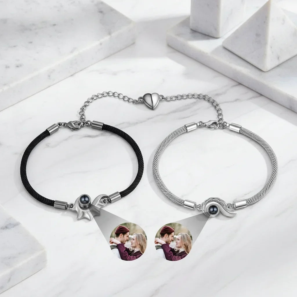 Partnerarmbänder mit Bild im Stein – Muschel-Charm mit deinem Foto, Magnetverschluss in Herzform, 2er-Set für Paare