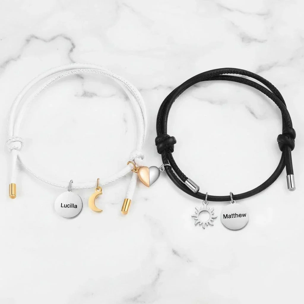 Partnerarmbänder Sonne & Mond – Magnetisches Lederarmband-Set mit Gravur, 2 Stück, personalisiertes Geschenk für Paare