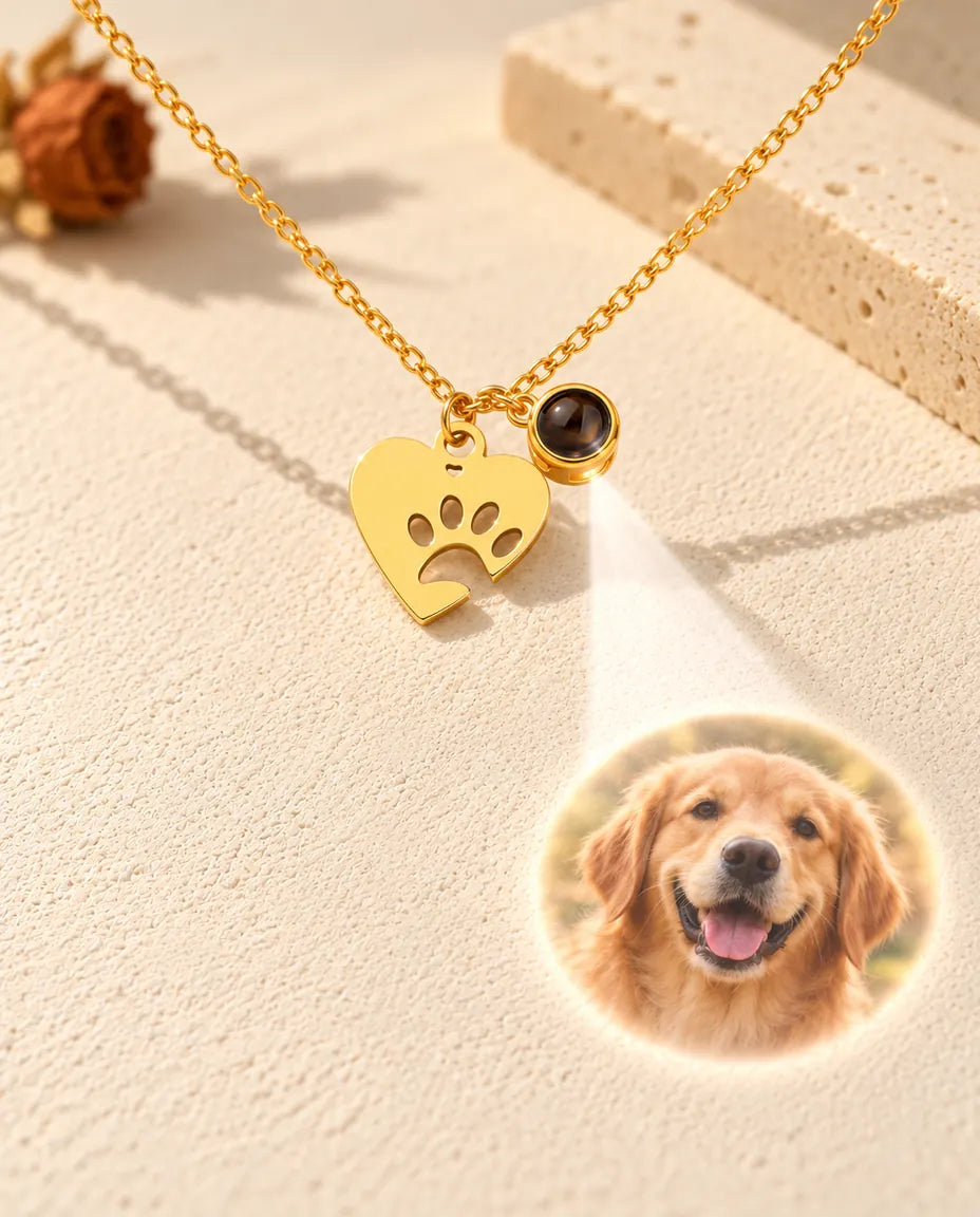 Licht durch den kleinen Stein der goldfarbenen Pfoten-Herzkette zeigt einen Golden Retriever