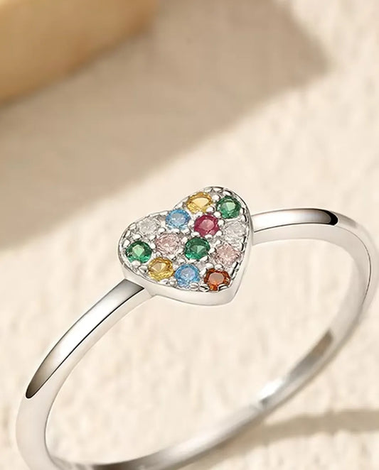 Regenbogen Herz Ring aus 925 Sterlingsilber – Herz mit buntem Zirkonia-Pavé, zarter Stapelring für Damen, Grössen 5-9