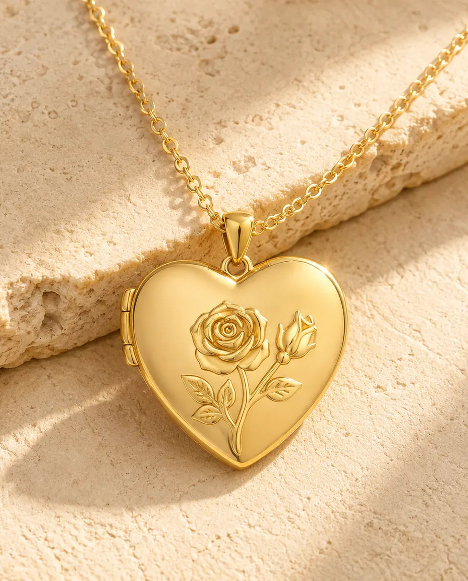 Rosen Herz Medaillon mit 2 Fotos - Herzmedaillon mit Rosenrelief vorn und Perlmutt Rückseite, Silber oder Gold, Kette 50+5 cm