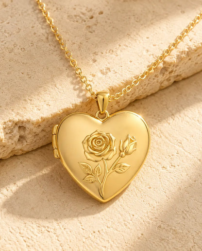 Rosen Herz Medaillon mit 2 Fotos - Herzmedaillon mit Rosenrelief vorn und Perlmutt Rückseite, Silber oder Gold, Kette 50+5 cm