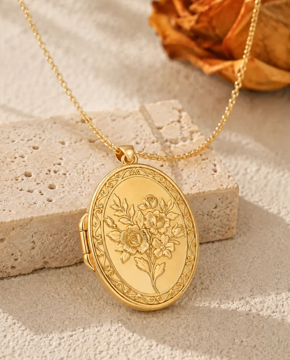 Ovales Medaillon mit 2 Fotos - Medaillon mit Rosenstrauss-Relief und Perlmutt Rückseite, Silber oder Gold, Kette 50+5 cm