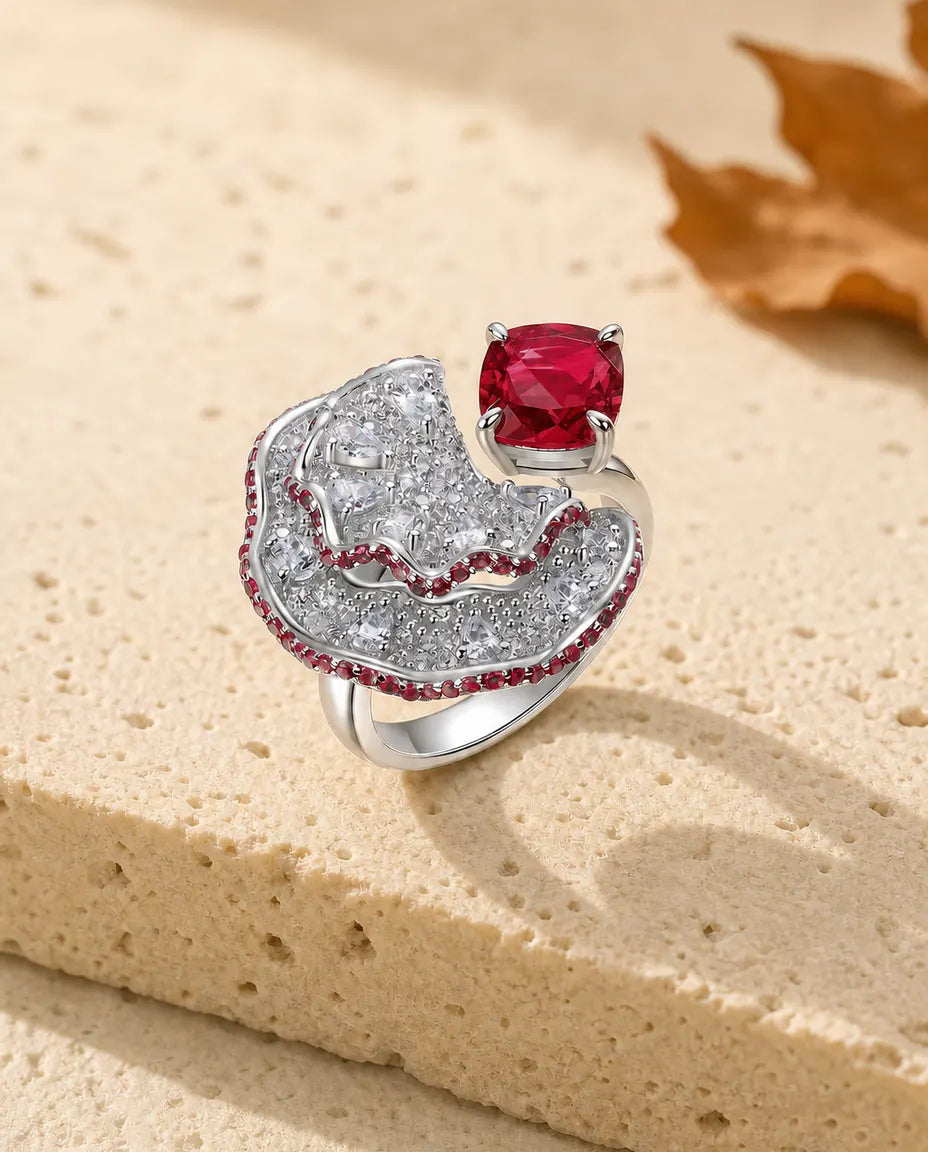 Rubin Ring – Fächer-Statement-Ring mit Labor-Rubin, 925er Sterlingsilber, Geburtsstein Juli, Geschenk für Sie