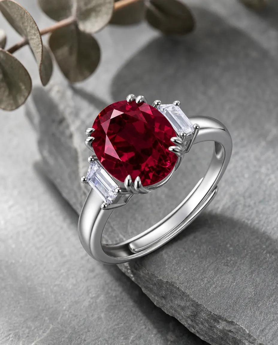 Rubin Ring – grosser ovaler Labor-Rubin mit Baguette-Akzenten, Statement-Ring aus 925er Sterlingsilber, Geburtsstein Juli, Geschenk für Sie