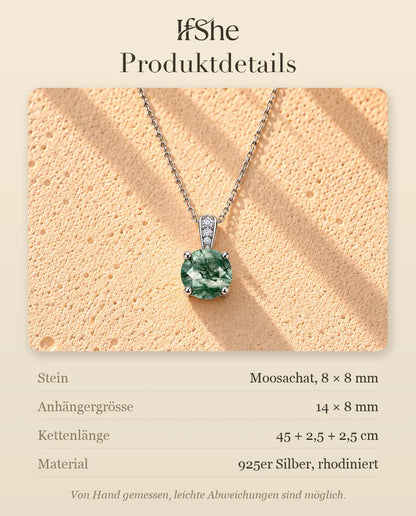 Runde Moosachat Solitär Kette aus 925 Sterlingsilber - Produktdetails mit Steinen, Anhängergrösse, Kettenlänge und Material