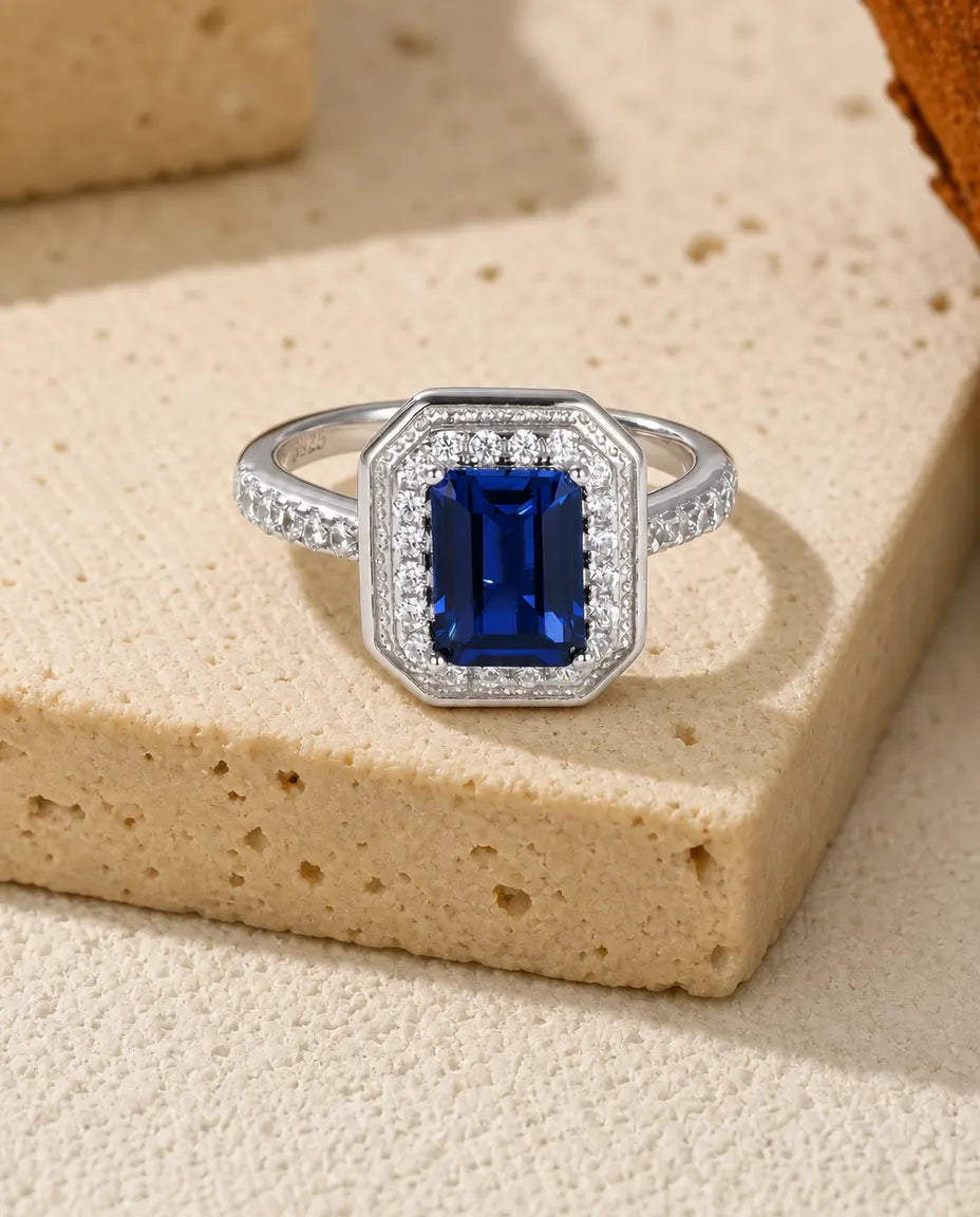 Saphir Ring – blauer Labor-Saphir im Oktagon-Schliff mit Pavé-Halo, 925er Sterlingsilber, September-Geburtsstein, Geschenk für Sie