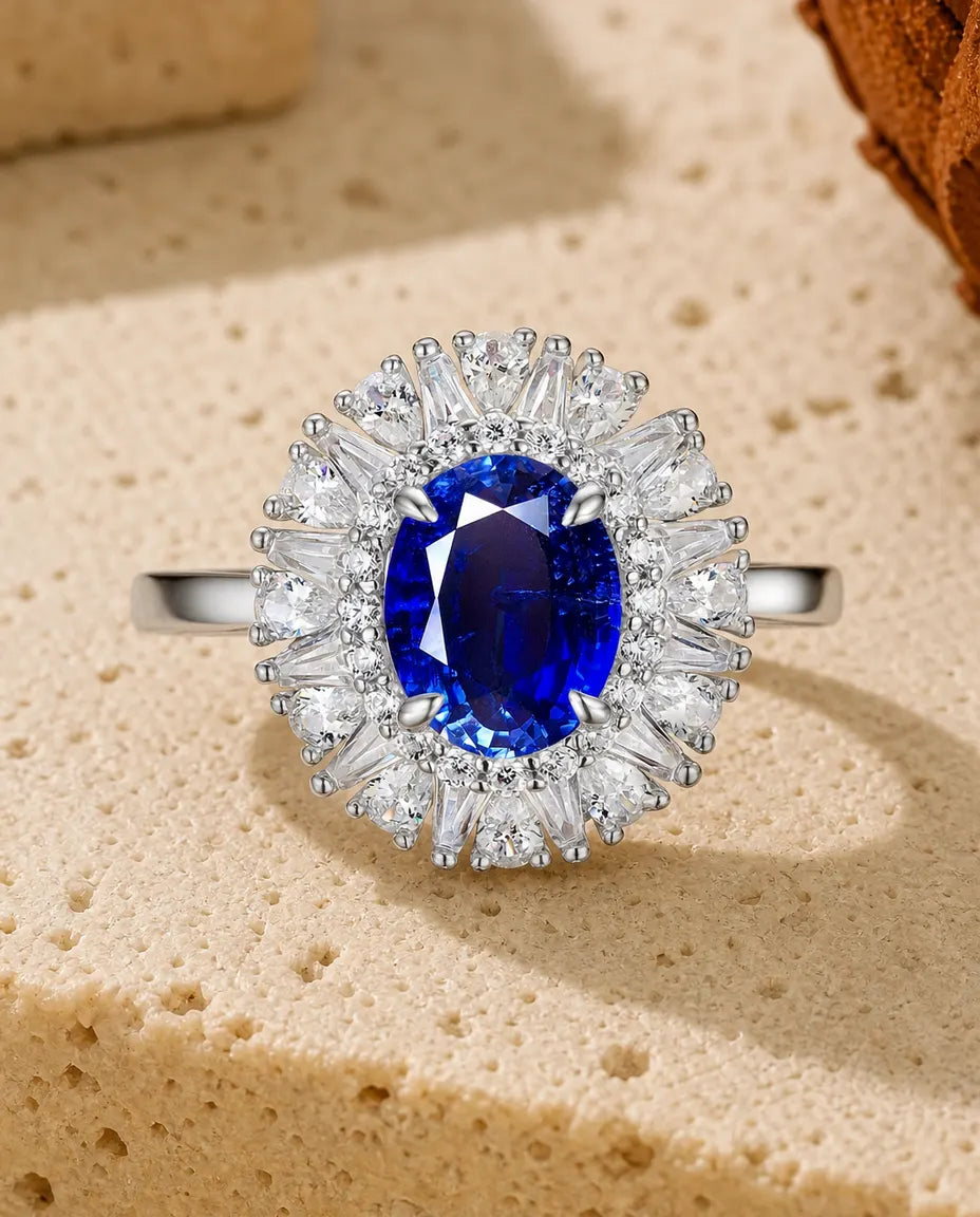 Saphir Ring – Ovaler Labor-Saphir mit Strahlenkranz-Halo, 925er Sterlingsilber, September-Geburtsstein, Geschenk für Sie