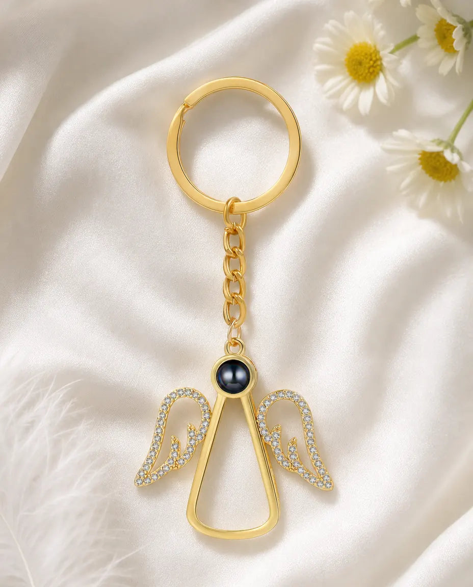 Personalisierter Foto-Projektions-Schlüsselanhänger, Schutzengel mit Foto im Inneren, Erinnerungsgeschenk in Silber oder Gold