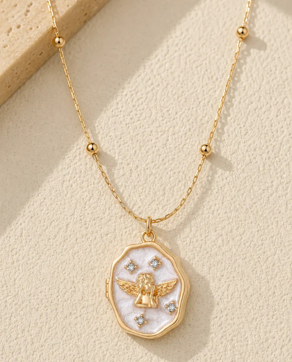 Personalisierte Schutzengel Medaillon Kette mit Perlmutt für 1 Foto, Foto-Medaillon in Gold, Geschenk für sie