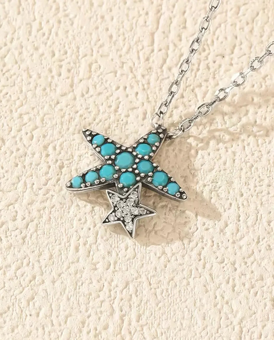 Seestern Kette mit Türkis - Anhänger 14,5 x 15 mm mit kleinem Sternchen, 925 Sterlingsilber, 40 + 5 cm
