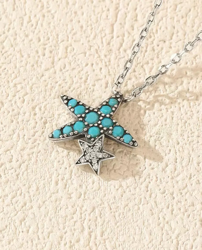 Seestern Kette mit Türkis - Anhänger 14,5 x 15 mm mit kleinem Sternchen, 925 Sterlingsilber, 40 + 5 cm