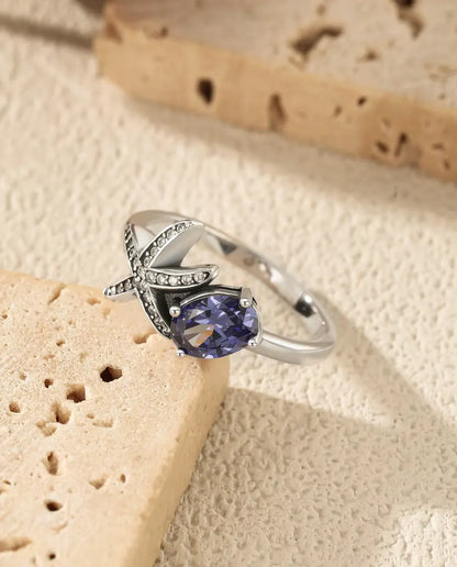 Seestern Ring - ovaler violetter Zirkonia 5 x 7 mm mit Pavé Stern, Grössen 5 bis 9, 925 Sterlingsilber