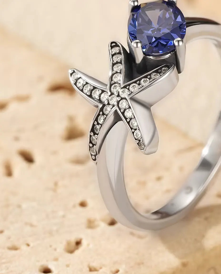 Seestern Ring - ovaler violetter Zirkonia 5 x 7 mm mit Pavé Stern, Grössen 5 bis 9, 925 Sterlingsilber