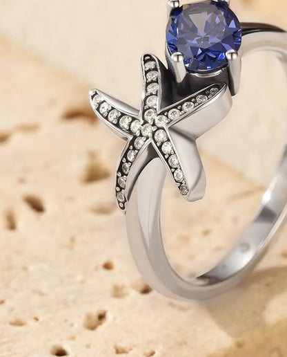 Seestern Ring - ovaler violetter Zirkonia 5 x 7 mm mit Pavé Stern, Grössen 5 bis 9, 925 Sterlingsilber