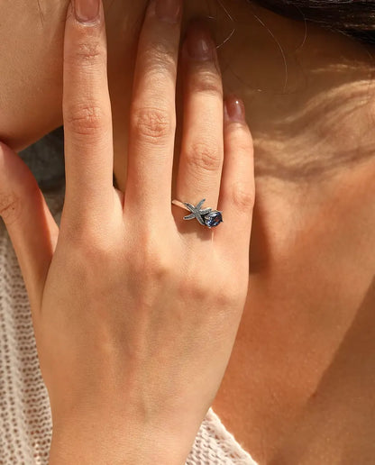 Seestern Ring - ovaler violetter Zirkonia 5 x 7 mm mit Pavé Stern, Grössen 5 bis 9, 925 Sterlingsilber