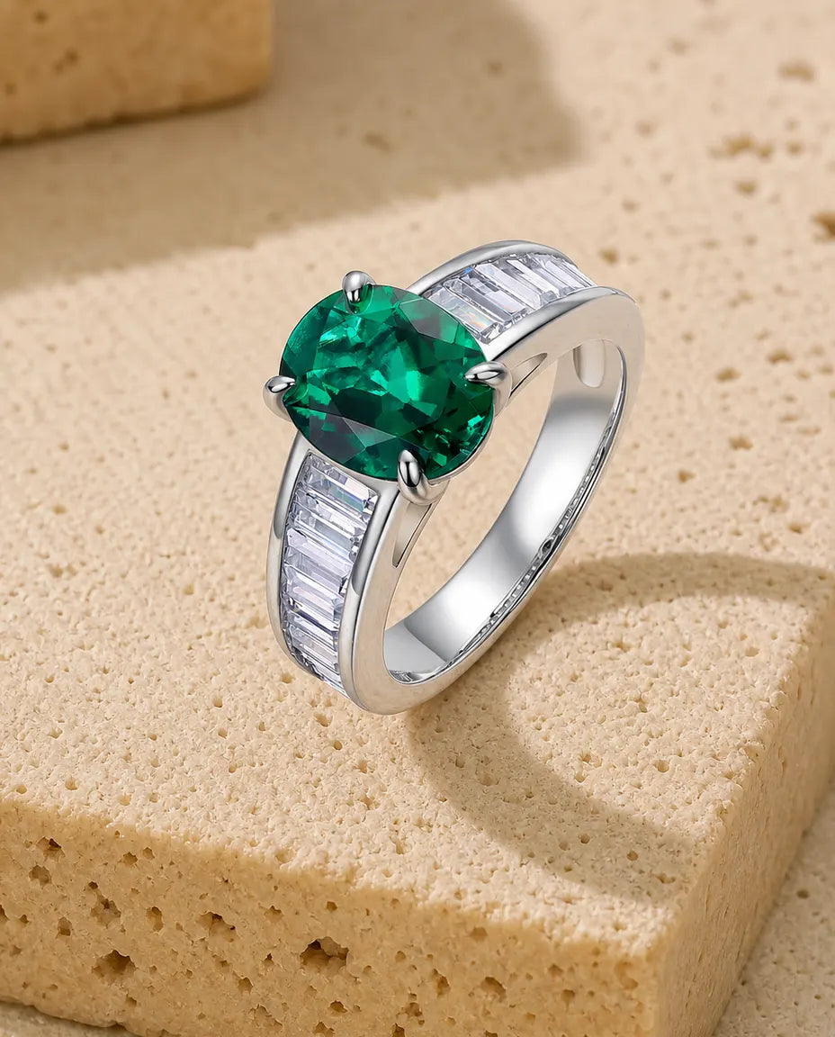 Smaragd Ring – ovaler Labor-Smaragd Solitär mit Baguette-Schultern, Statement-Ring aus 925er Sterlingsilber für Damen