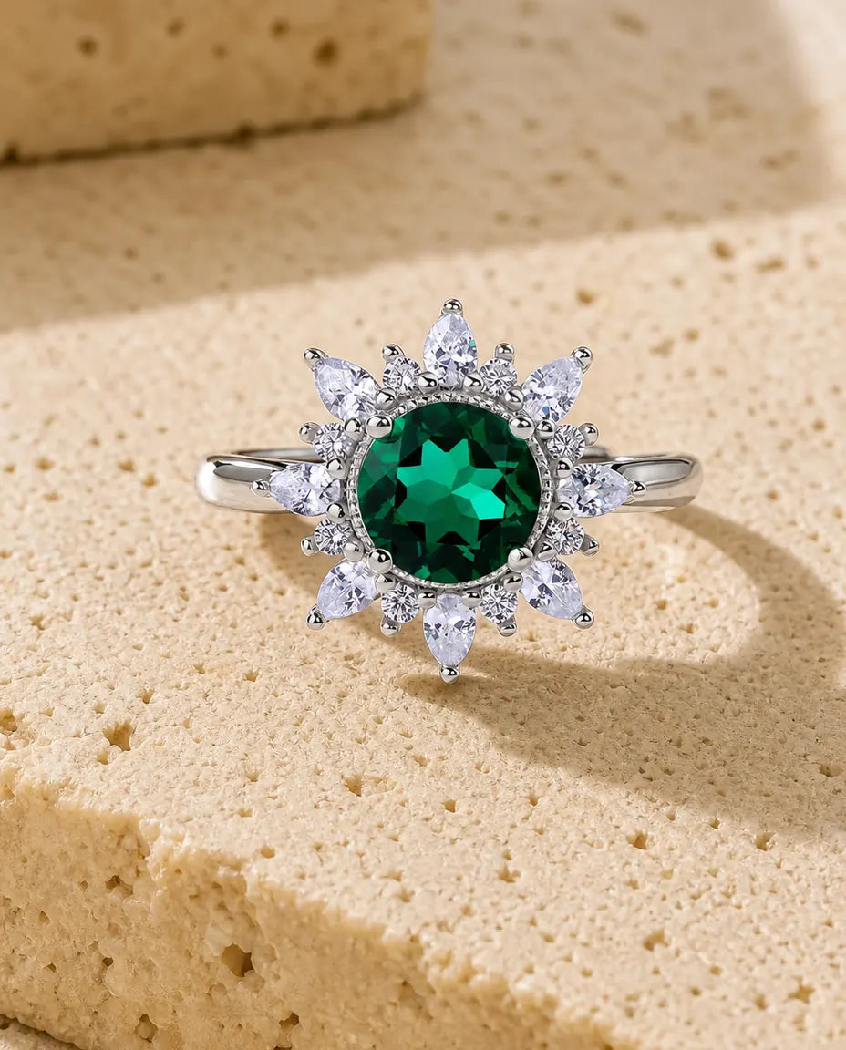 Smaragd Ring – Sonnenblumen-Halo mit rundem grünem Stein, im Labor gezüchteter Smaragd, grössenverstellbar, 925er Sterlingsilber