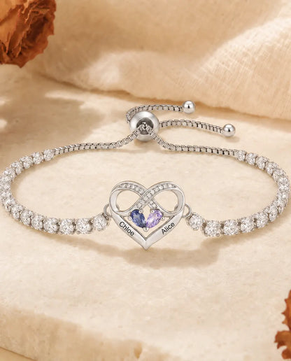 Personalisiertes Geburtsstein Armband mit 2 Namen - Unendlichkeit Herz Tennisarmband mit zwei Geburtssteinen, verstellbar