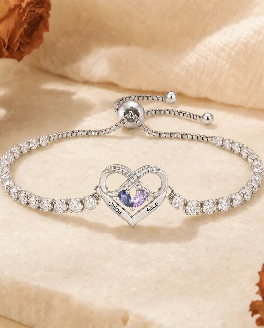 Personalisiertes Geburtsstein Armband mit 2 Namen - Unendlichkeit Herz Tennisarmband mit zwei Geburtssteinen, verstellbar