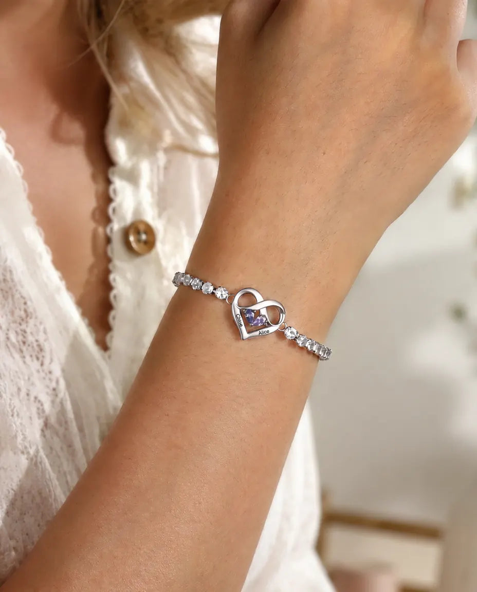 Personalisiertes Geburtsstein Armband mit 2 Namen - Unendlichkeit Herz Tennisarmband mit zwei Geburtssteinen, verstellbar