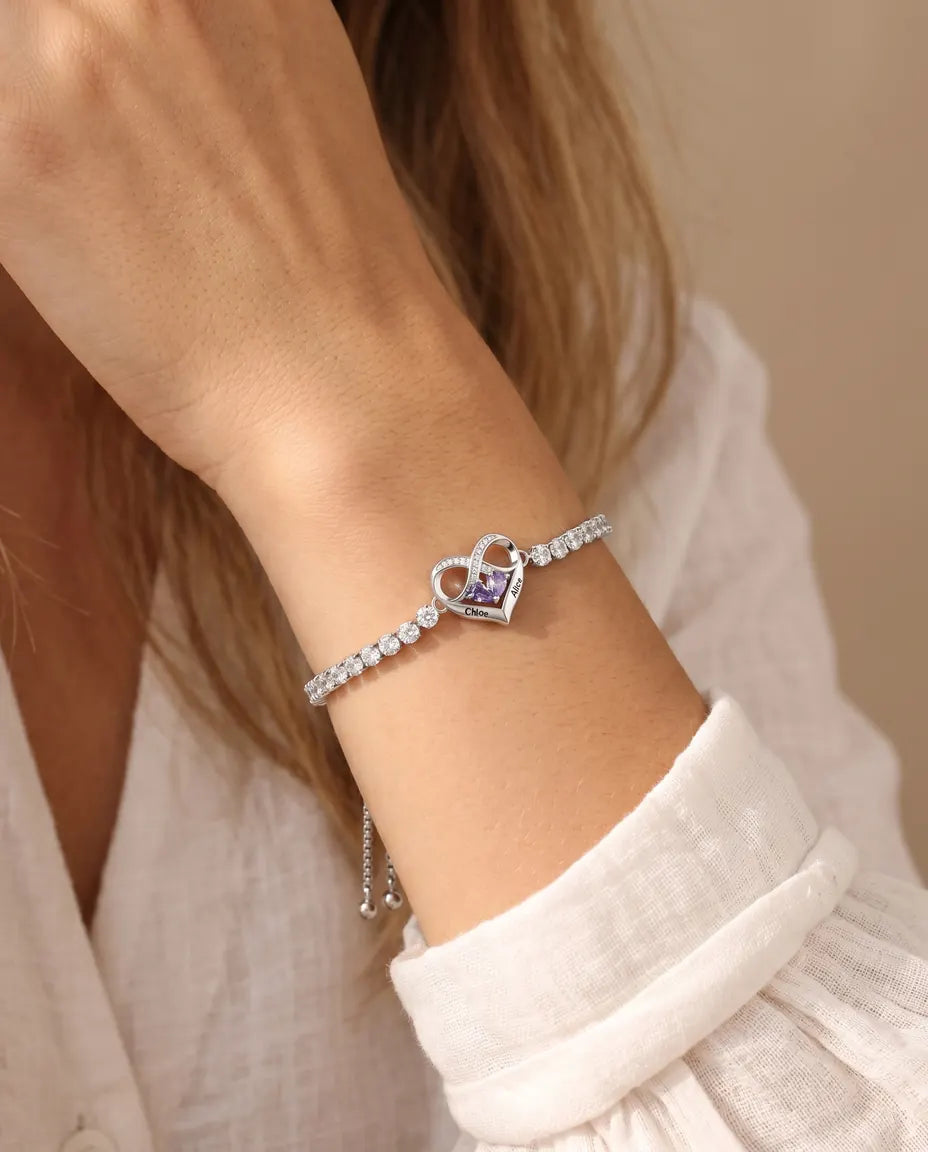 Personalisiertes Geburtsstein Armband mit 2 Namen - Unendlichkeit Herz Tennisarmband mit zwei Geburtssteinen, verstellbar