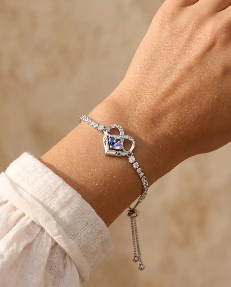 Personalisiertes Geburtsstein Armband mit 2 Namen - Unendlichkeit Herz Tennisarmband mit zwei Geburtssteinen, verstellbar