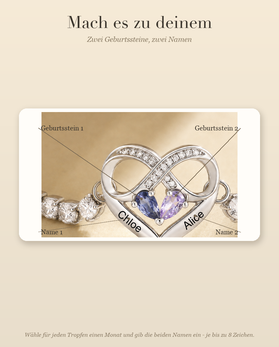 Personalisiertes Geburtsstein Armband mit 2 Namen - Unendlichkeit Herz Tennisarmband mit zwei Geburtssteinen, verstellbar