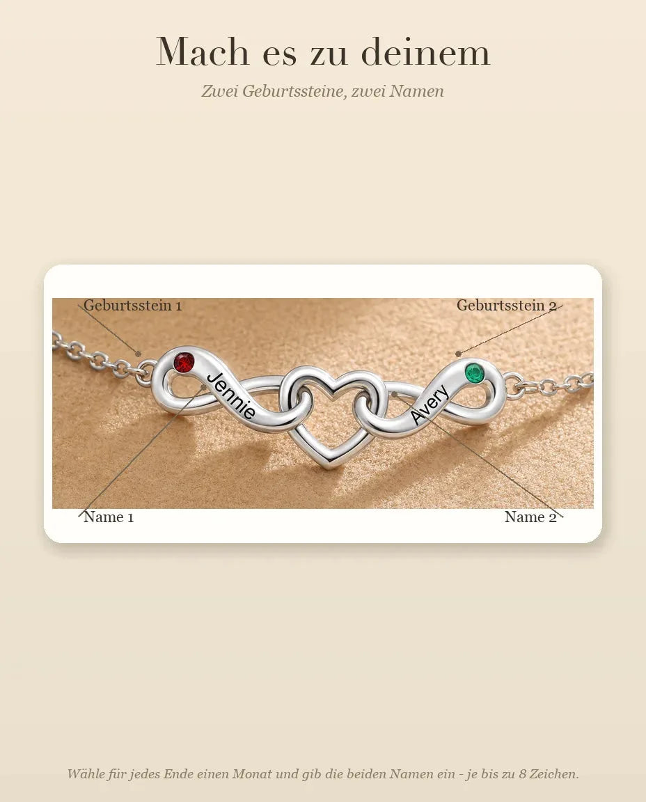 Personalisiertes Unendlichkeit Armband mit 2 Namen - zwei Unendlichkeitsschleifen um ein Herz - Personalisierungsanleitung: Namen und Geburtssteine