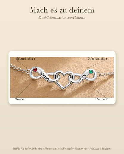 Personalisiertes Unendlichkeit Armband mit 2 Namen - zwei Unendlichkeitsschleifen um ein Herz - Personalisierungsanleitung: Namen und Geburtssteine