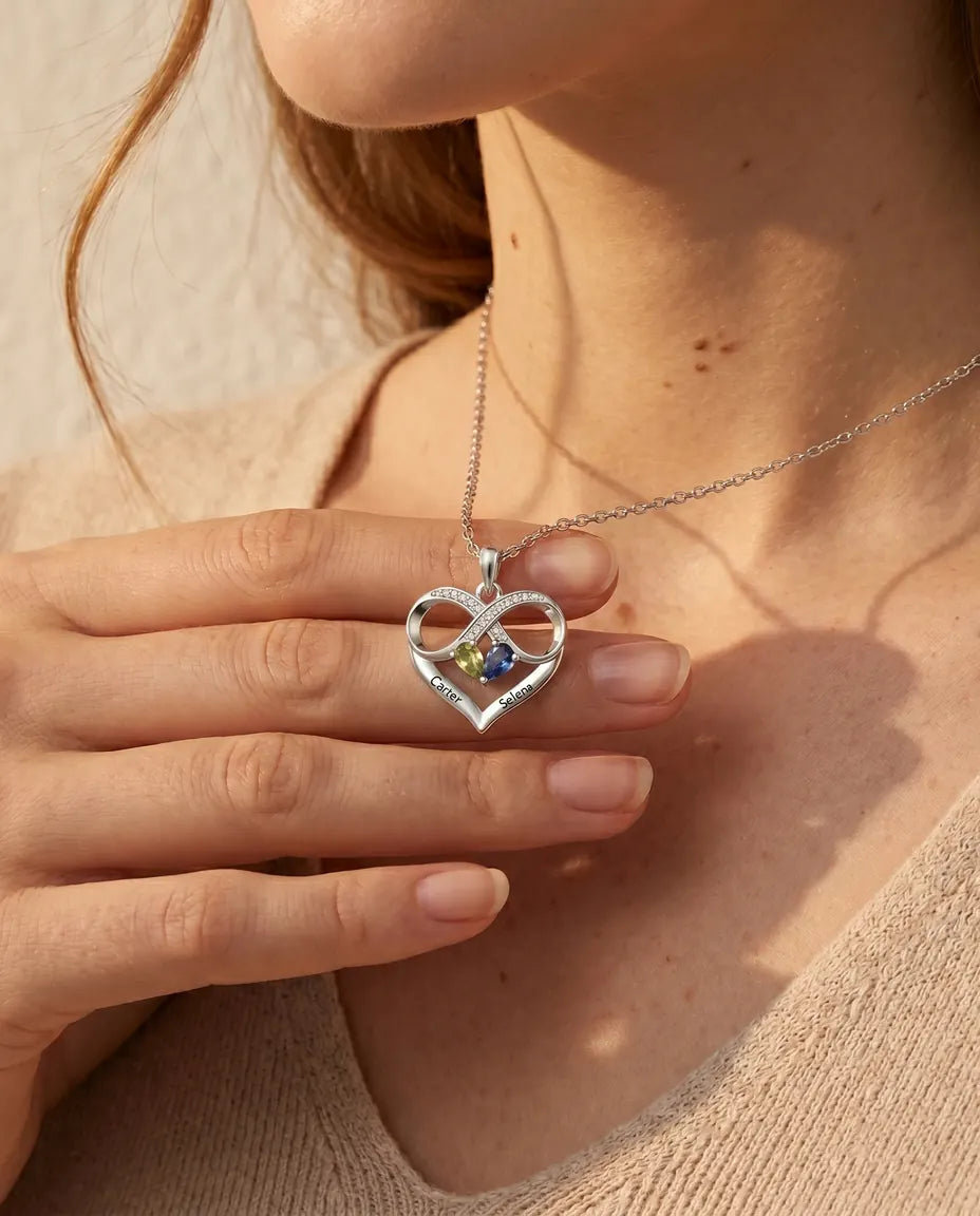 Personalisierte Geburtsstein Kette mit 2 Namen - Unendlichkeit Herz Anhänger mit zwei Tropfensteinen, rhodiniert