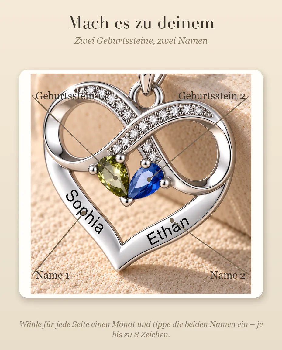 Personalisierte Geburtsstein Kette mit 2 Namen - Unendlichkeit Herz Anhänger mit zwei Tropfensteinen, rhodiniert
