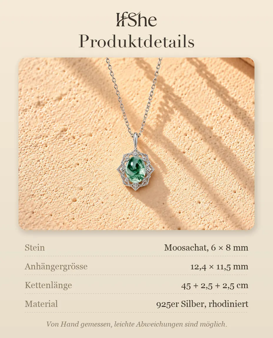 Vintage Moosachat Kette aus 925 Sterlingsilber - Produktdetails mit Steinen, Anhängergrösse, Kettenlänge und Material