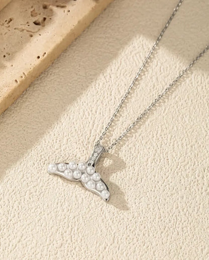 Walflossen Kette mit perlweissen Perlen - Silberflosse mit Pavé Öse, 40+5 cm, 925 Sterlingsilber