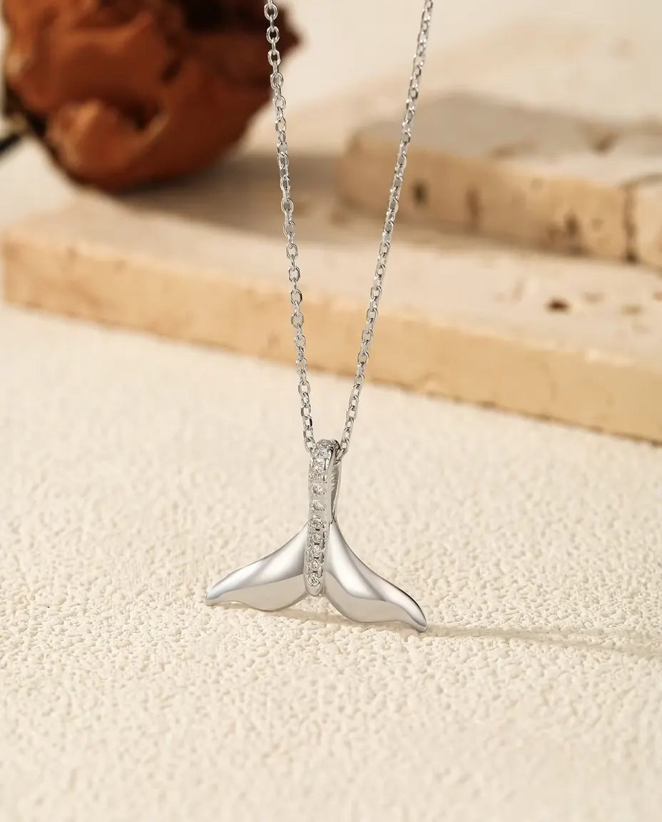 Walflossen Kette - polierte Silberflosse mit Pavé Öse, 40+5 cm, 925 Sterlingsilber