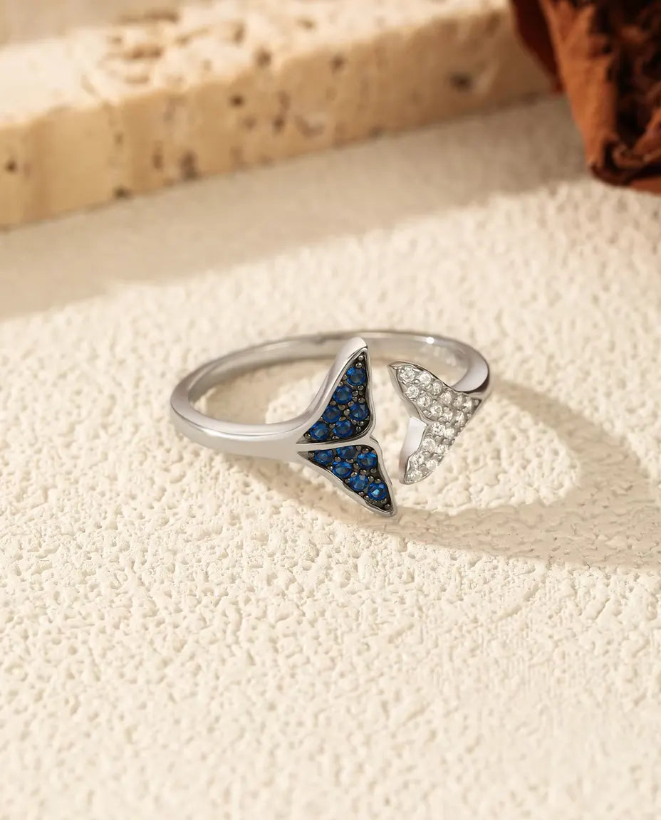 Walflossen Ring offen verstellbar - blaue und klare Steine, Grösse US 6 bis 9, 925 Sterlingsilber
