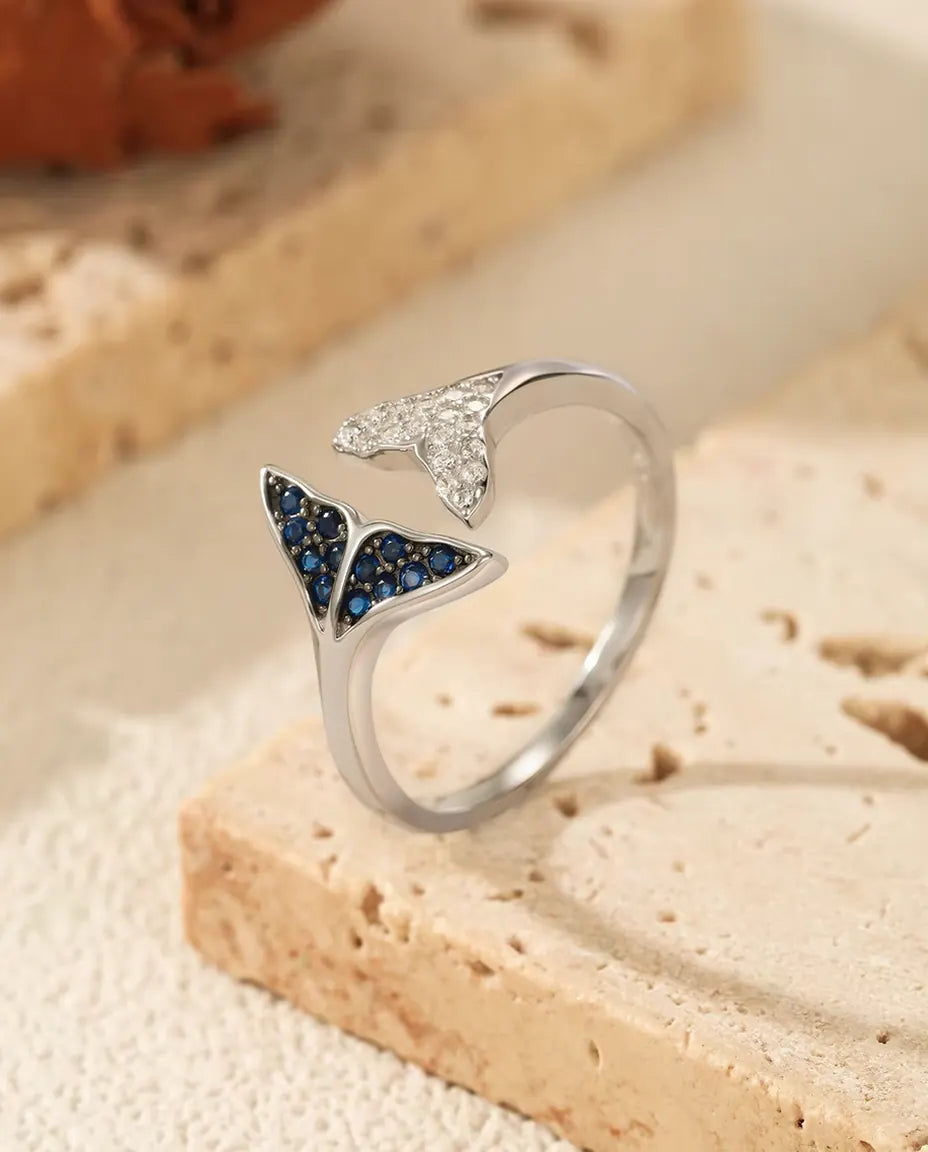 Walflossen Ring offen verstellbar - blaue und klare Steine, Grösse US 6 bis 9, 925 Sterlingsilber
