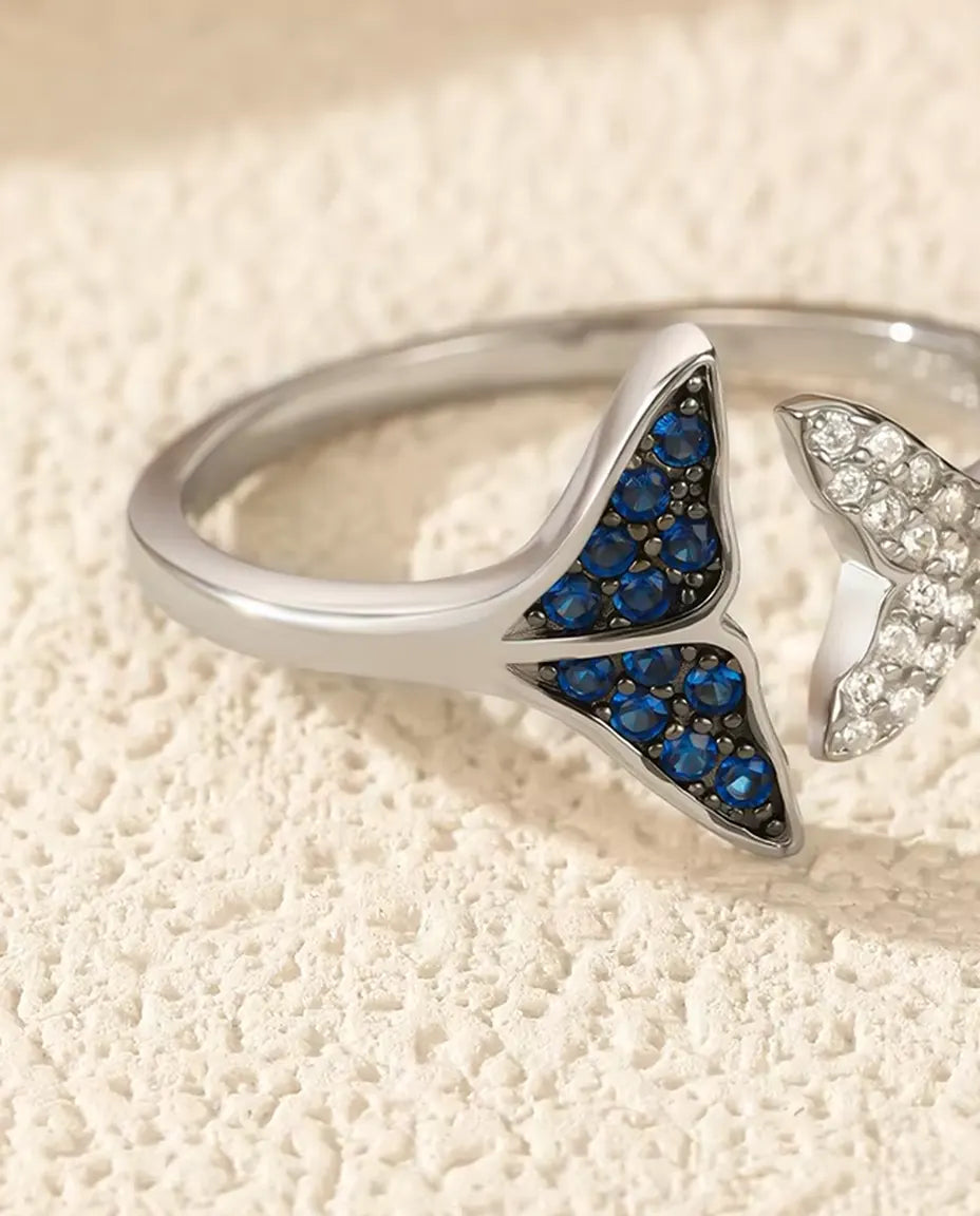 Walflossen Ring offen verstellbar - blaue und klare Steine, Grösse US 6 bis 9, 925 Sterlingsilber