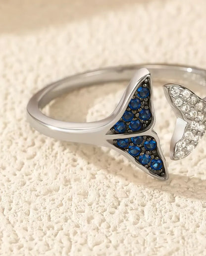 Walflossen Ring offen verstellbar - blaue und klare Steine, Grösse US 6 bis 9, 925 Sterlingsilber