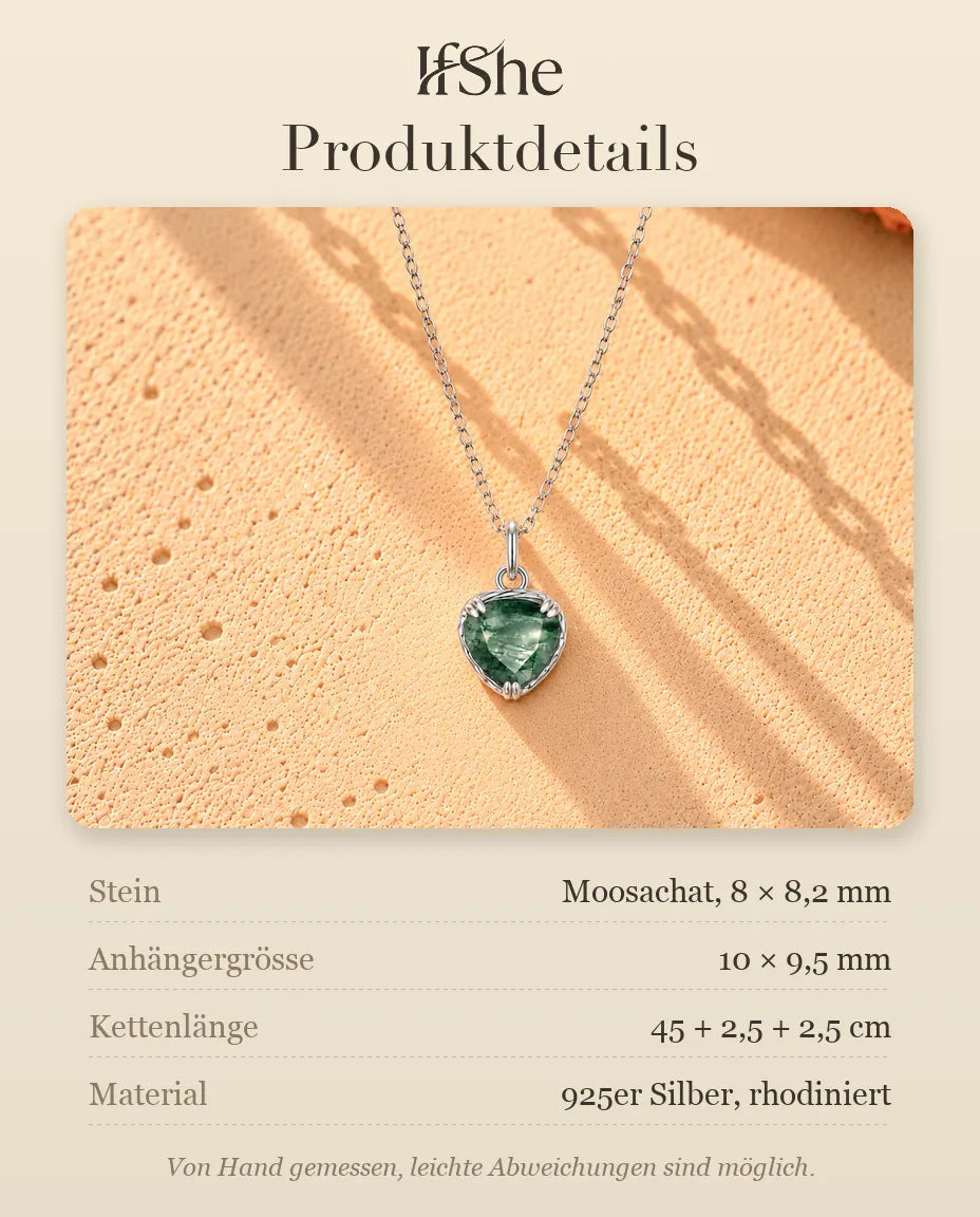 Herz Moosachat Kette aus 925 Sterlingsilber - Produktdetails mit Steinen, Anhängergrösse, Kettenlänge und Material
